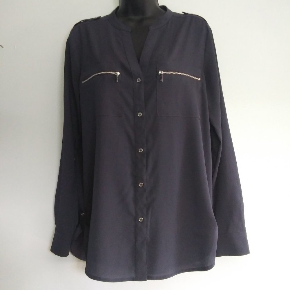 Calvin Klein Navy Blue Button Down with Zipper Pockets Small